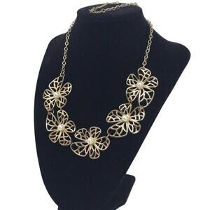 Vintage Gold Tone Floral Necklace Faux Pearl Trim Princess Length